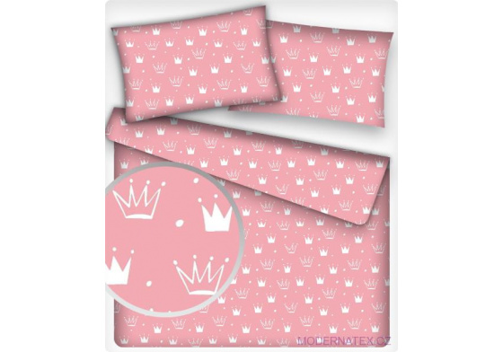 Dětská dekorační bavlněná látka vzor korunky bílé na růžovém