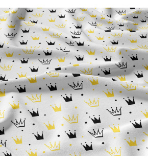 Children's cotton fabric 100% cotton, 125 g/m², width 160 cm, yellow crowns on white Children's cotton fabric 100% cotton, 125 g/m², width 160 cm, yellow crowns on white