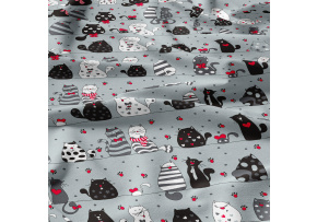 Cotton fabric, by the meter. Crazy cat on Grey