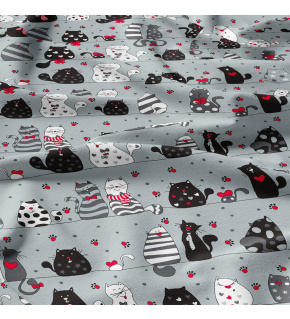 Cotton fabric, by the meter. Crazy cat on Grey