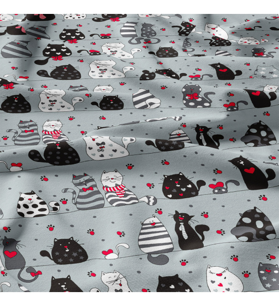 Cotton fabric, by the meter. Crazy cat on Grey