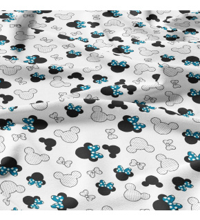 Cotton fabric, by the meter. Blue Rosettes on White