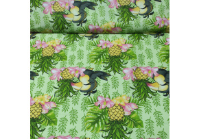 Cotton fabric, by the meter. Parrot and Pineapple on Green