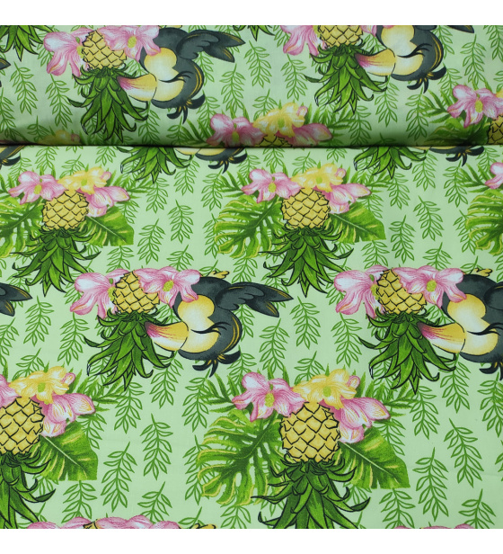 Dekorační dětská bavlněná látka vzor Papoušek a ananas na zelenám