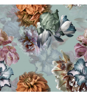 Velvet upholstery fabrics with print, Flowers on Pale Mint