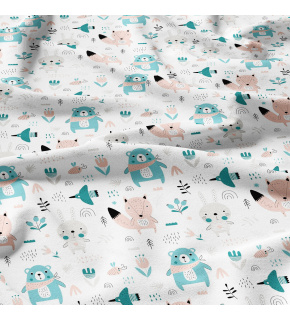 Cotton fabrics, by the meter. Turquoise Animals on White