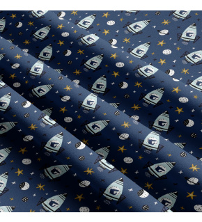 Children's cotton fabric by the meter Rockets Grey on blue