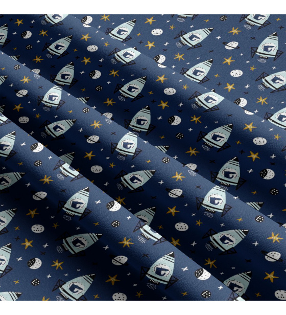 Children's cotton fabric by the meter Rockets Grey on blue