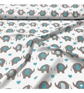 Cotton fabrics, by the meter, Elephants with hearts Turquoise on White