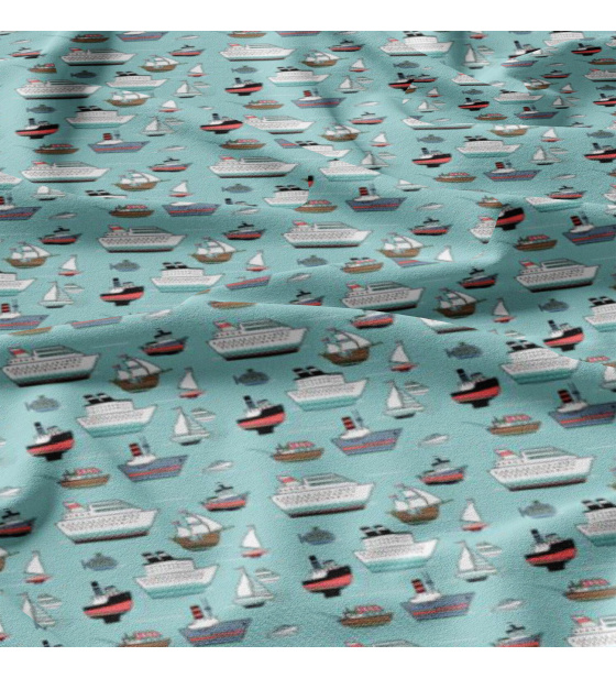 Children's cotton fabric by the meter Ships on Blue