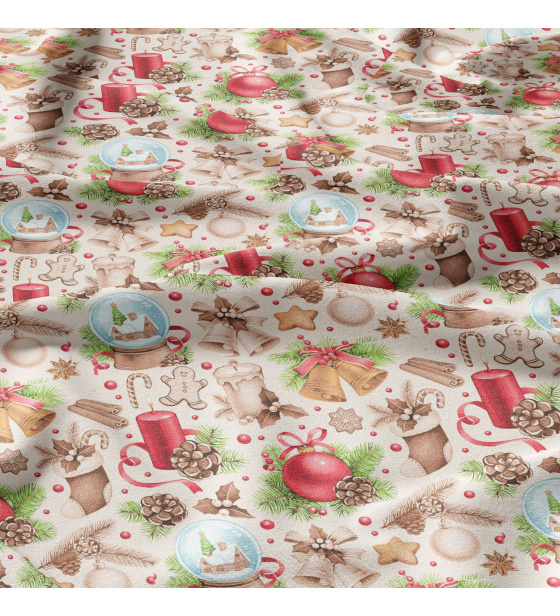 Christmas cotton fabric, by the meter, width 160 cm, Christmas decorations on St.Beige