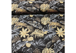 Cotton Fabric Leaves Grey and Yellow on Black