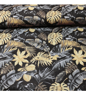 Cotton fabric 100% cotton, 125 g/m², width 160 cm, grey and yellow leaves on black Cotton fabric 100% cotton, 125 g/m², width 160 cm, grey and yellow leaves on black