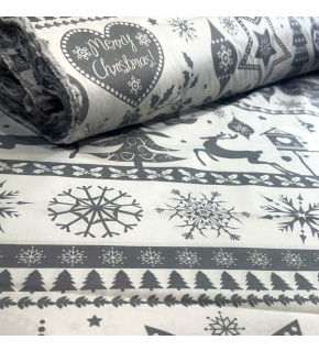 Christmas cotton fabric, by the meter, width 160 cm, Scandinavian motif Grey on White Christmas cotton fabric, by the meter, width 160 cm, Scandinavian motif Grey on White