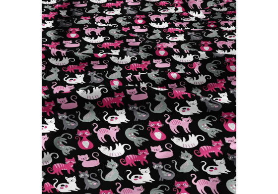 Cotton fabric, by the meter. White and Pink Cats on Black