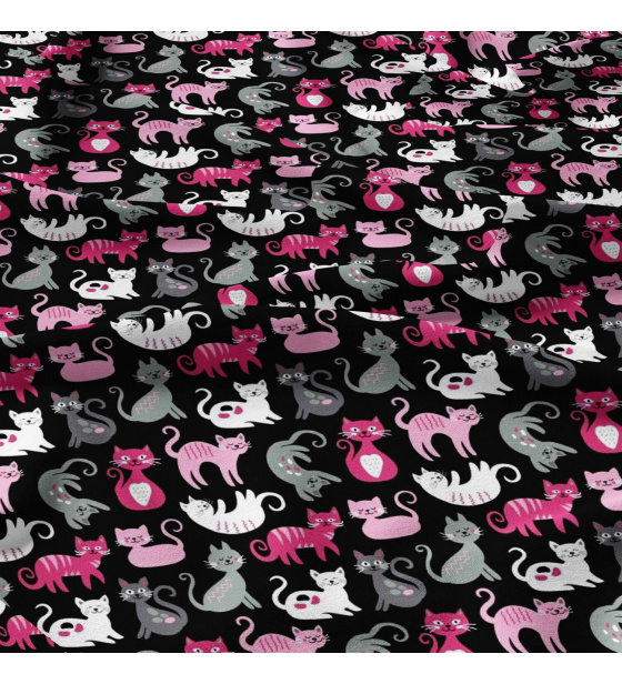Cotton fabric, by the meter. White and Pink Cats on Black
