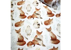 Cotton fabrics, by the meter. Squirrel and Owl on the White