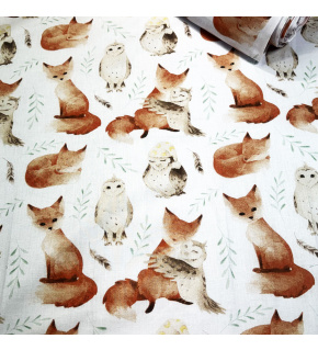 Cotton fabrics, by the meter. Squirrel and Owl on the White