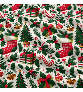 Christmas cotton fabric, sold by the meter, width 160 cm, Christmas on White pattern