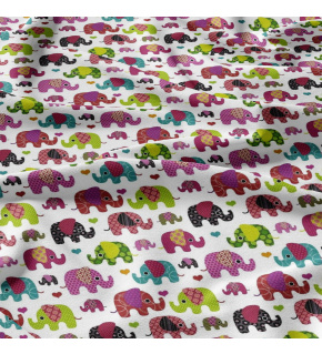 Cotton fabrics, by the meter. Amaranth Elephants on White