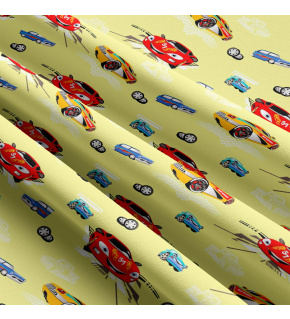 Children's cotton fabric by the meter Car sport on Yellow