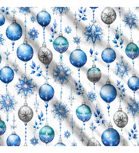 Christmas cotton fabric, by the meter, width 160 cm, Christmas Toys Grey and Blue on White