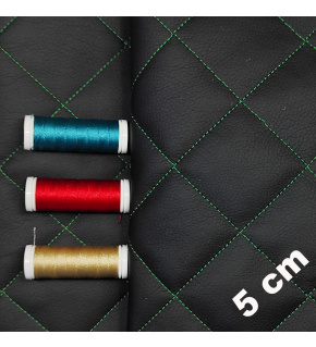 Quilted eco-leather 5×5 cm, black, green threads, by the meter, width 145 cm