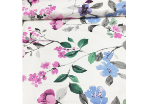 Cotton Fabric Flowers Pink and Blue on White