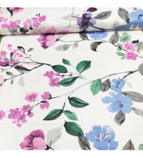 Cotton fabric 100% cotton, 125 g/m², width 160 cm, pink and blue flowers on white