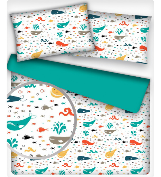 Dětské bavlněná látka metráž vzor veselé barevné Velrybky na bílém