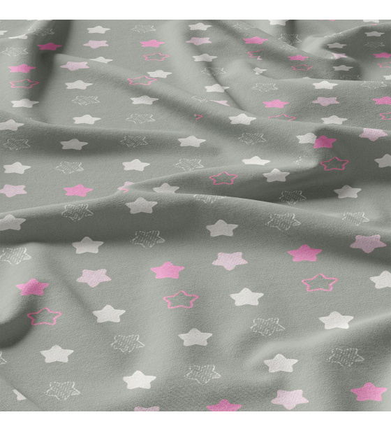 Children's cotton fabric 100% cotton, 125 g/m², width 160 cm, white and pink stars on grey