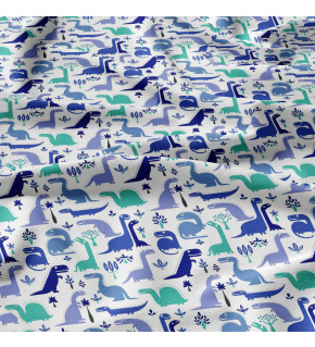 Cotton fabric, by the meter. Turquoise Dinosaurs on White