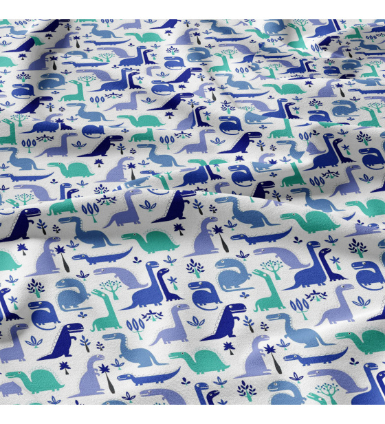 Cotton fabric, by the meter. Turquoise Dinosaurs on White