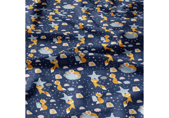 Cotton fabrics, by the meter. Foxes on the Blue
