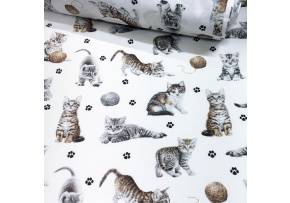 Cotton fabric, by the meter. Cats and a Ball of Yarn on White