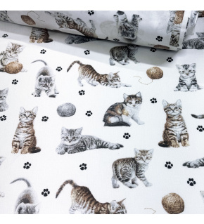 Cotton fabric, by the meter. Cats and a Ball of Yarn on White