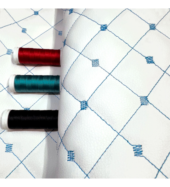Eco-leather MIX 3x3 cm color white quilted with turquoise threads, by the meter, 145 cm