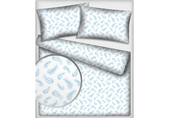 Dekorační bavlněná látka metráž vzor Pírky, barva modrá na bílém