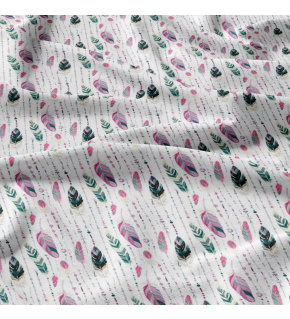 Decorative cotton fabric, by the meter, Green and Pink Feathers