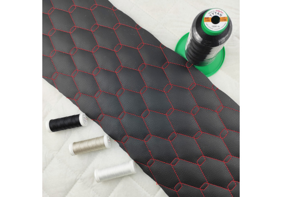 Eco-leather GEO color black and red quilted with threads 1.45 m x 0.85 m