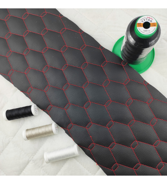 Eco-leather GEO color black and red quilted with threads 1.45 m x 0.8 m