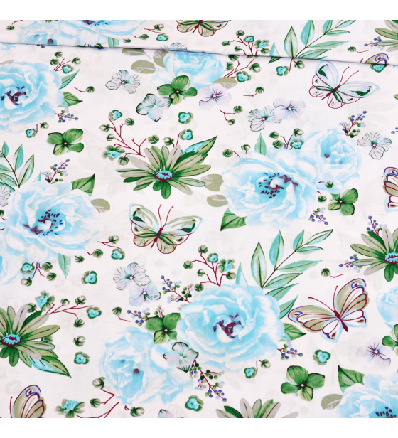 Dekorační dětská bavlněná látka vzor kytičky velké Růže modré na bílém