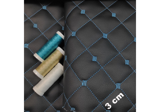 Eco-leather MIX 3x3 cm color Black quilted with Turquoise threads 1.45 m x 0.82 m