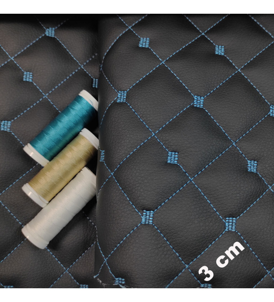 Eco-leather MIX 3x3 cm color Black quilted with Turquoise threads 1.3 m x 0.55 m