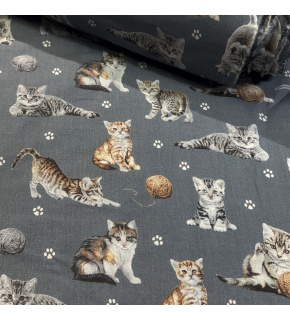 Cotton fabric, by the meter. Cats and a Ball of Yarn on Grey