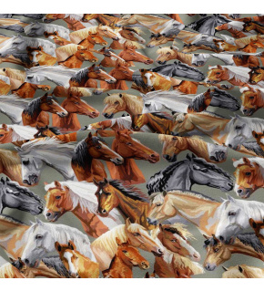 Cotton fabrics, by the meter. 3D Horses on Grey