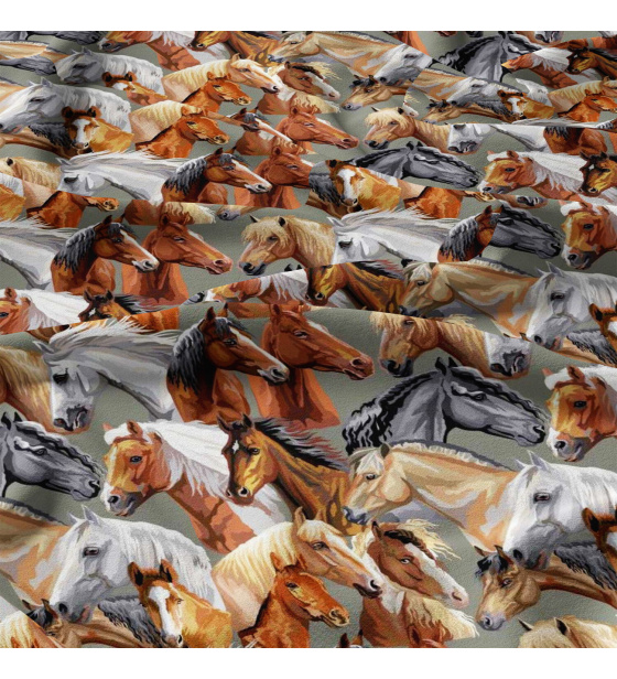 Cotton fabrics, by the meter. 3D Horses on Grey