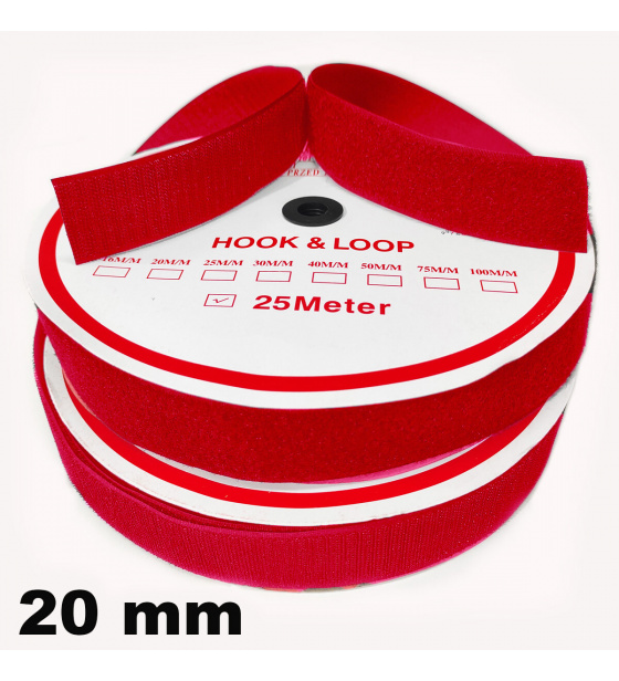 Hook and Loop Velcro Tape Set, Color Red 20 mm, Pack of 25 m
