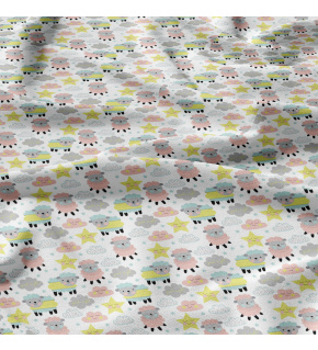 Cotton fabrics, by the meter. Pink Baby Sheep on White