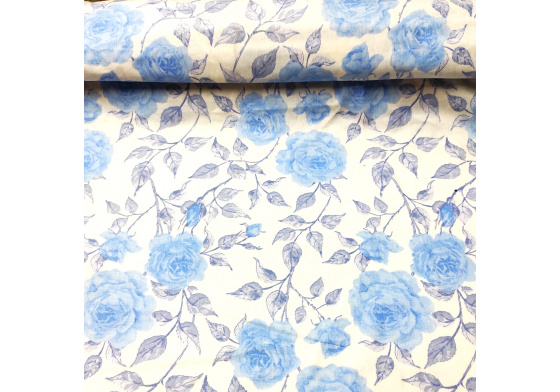 Dekorační dětská bavlněná látka vzor Růže modré na bílém